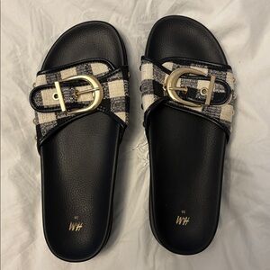 H&M Plaid Slide Sandals with Gold Buckle